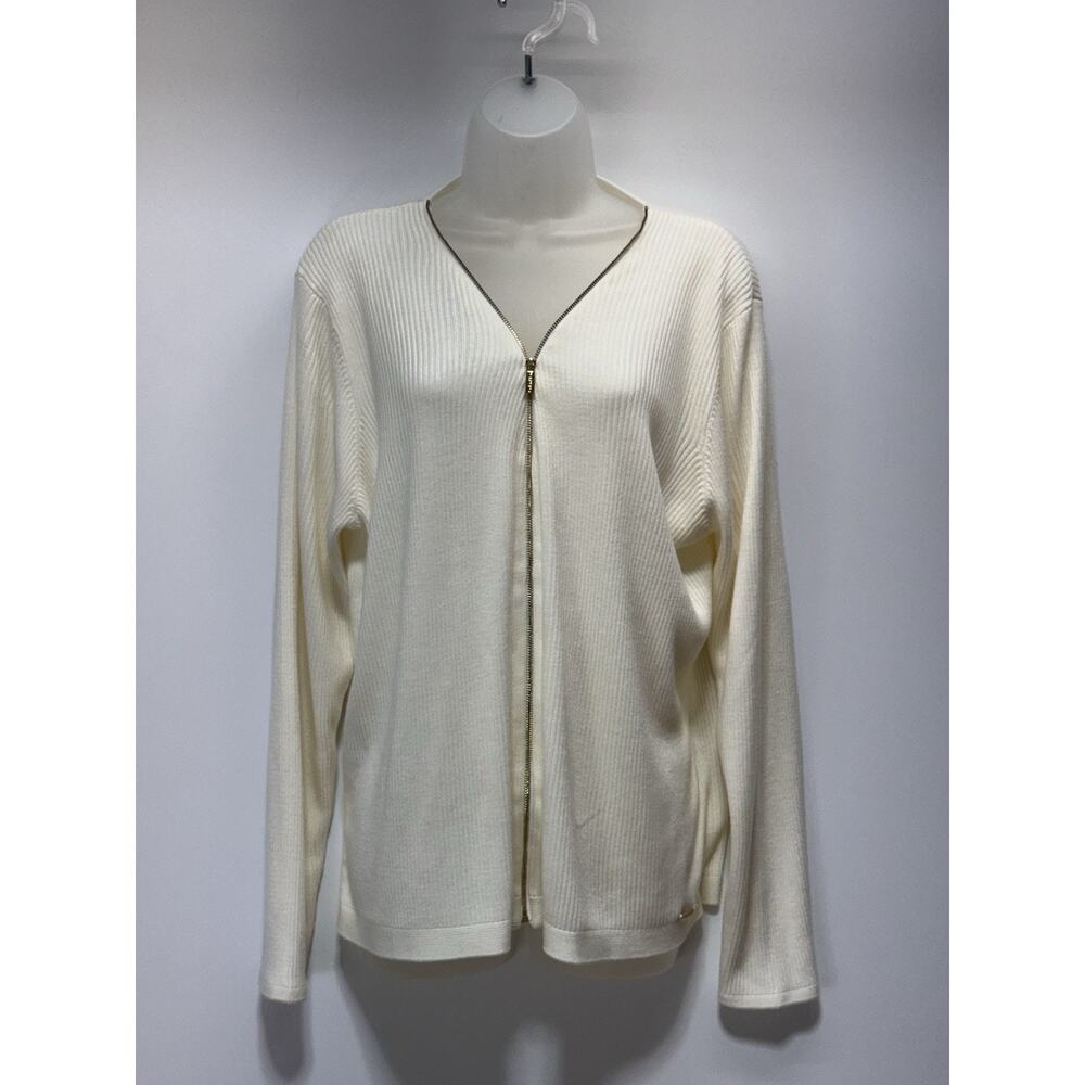 Calvin Klein Sweater Ivory Ribbed Knit V-Neck Full Zip Women’s Size XL